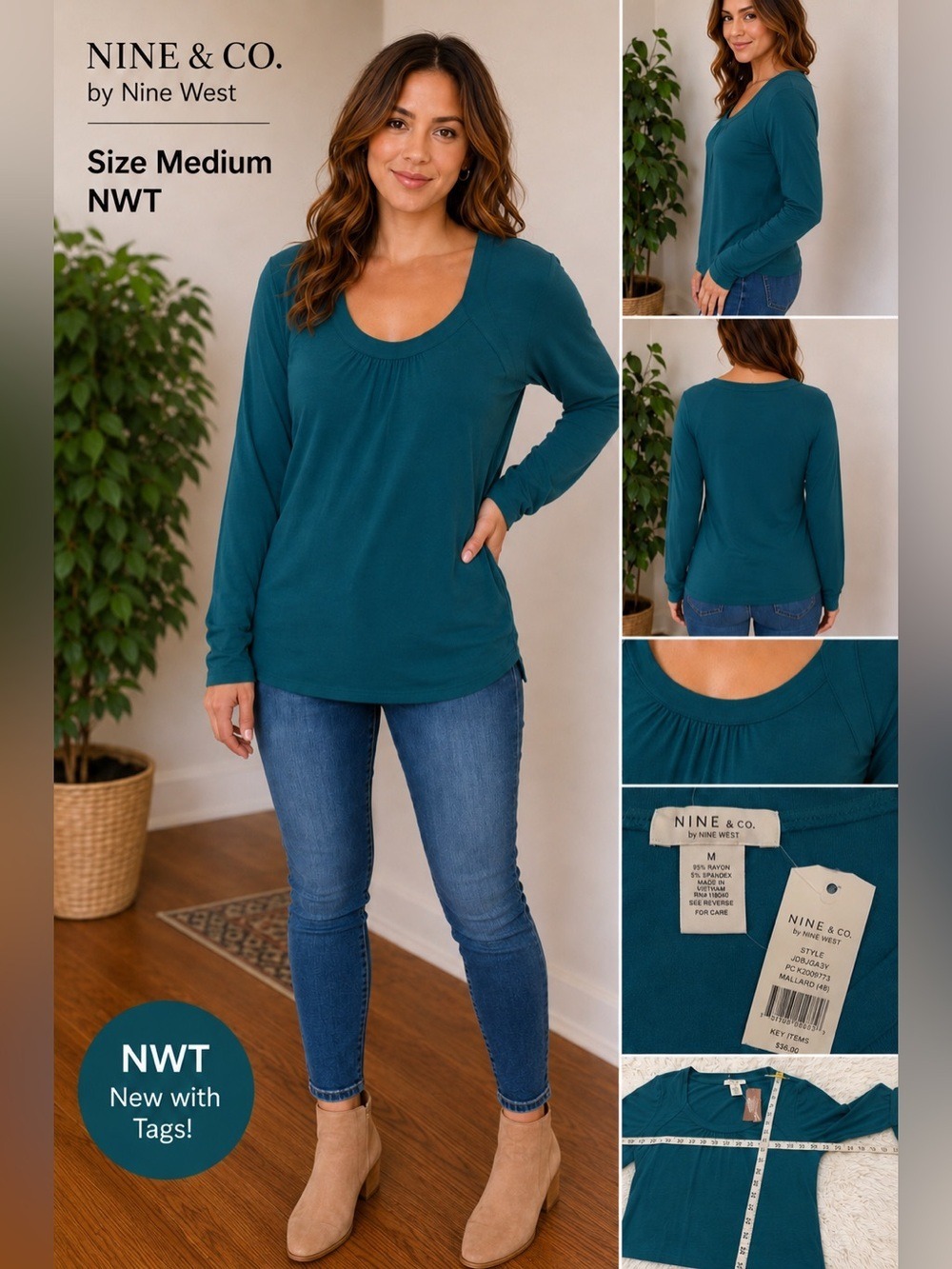 Nine & Co. by Nine West Teal Long Sleeve Scoop Neck Top NWT Size Medium